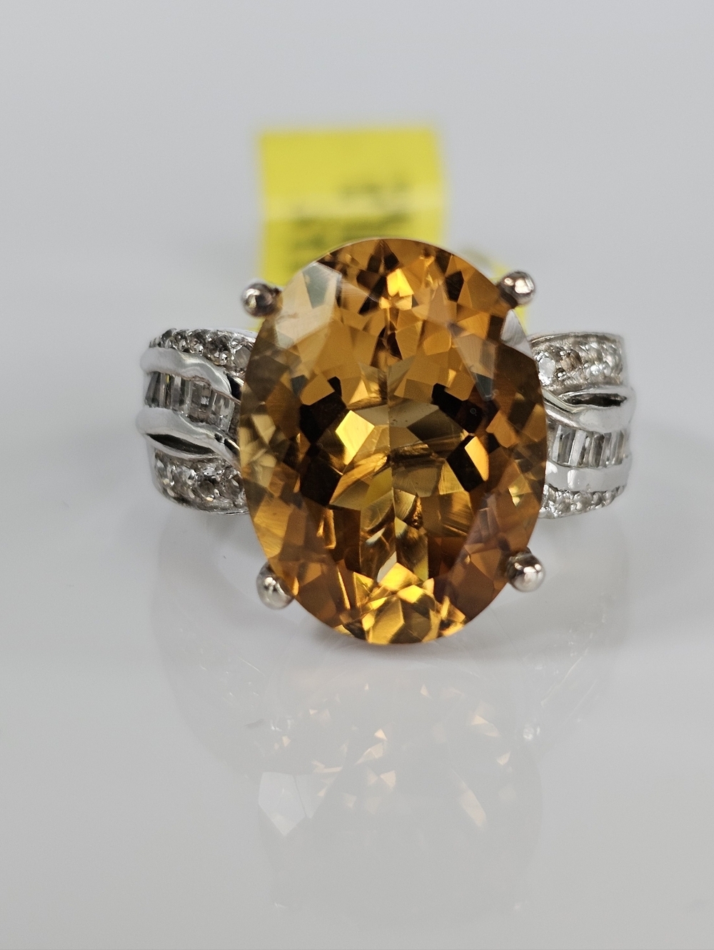 Natural Citrine & Zircon Ring Sterling Silver Platinum Overlay Size 7